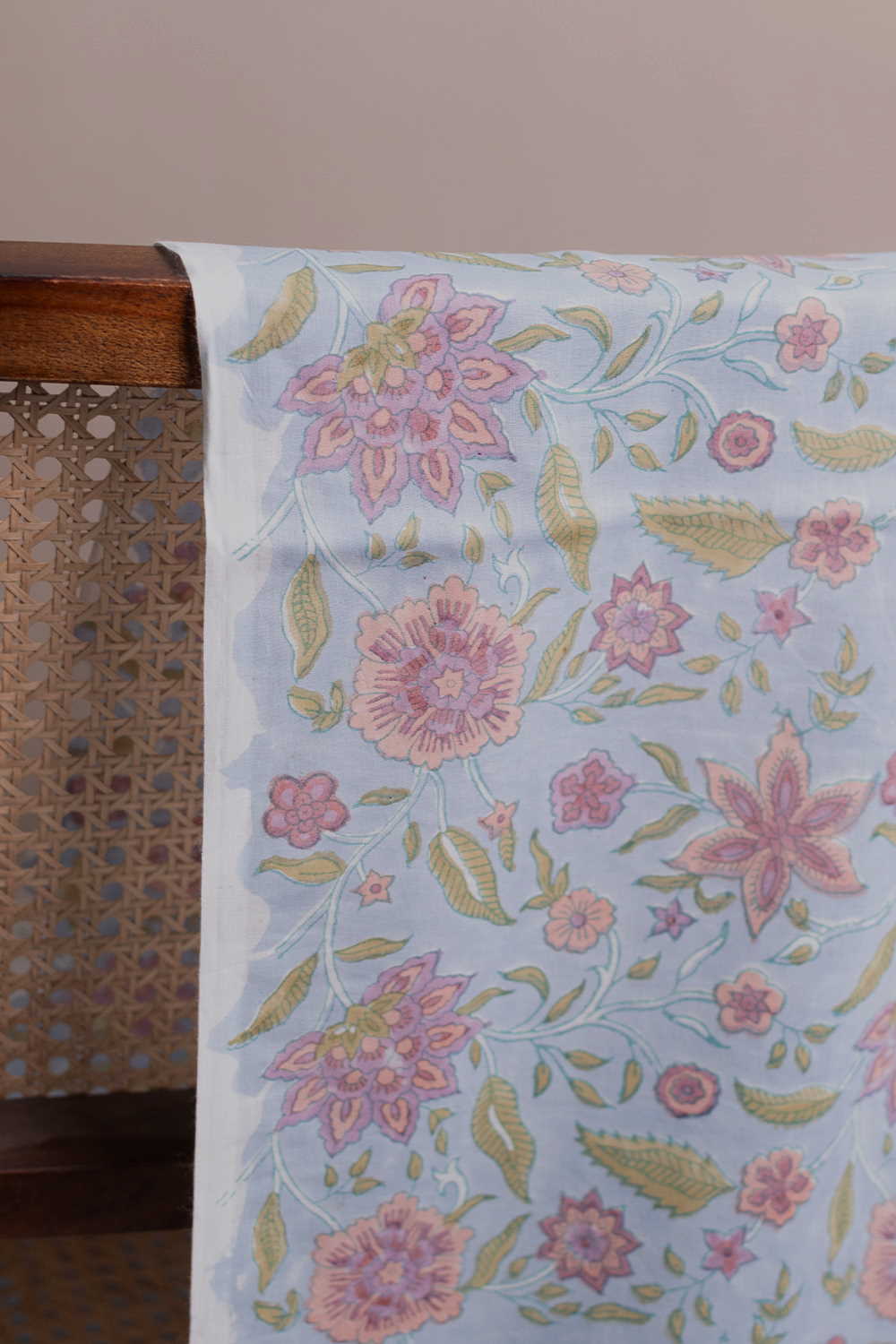 Water Coloured Blue Sanganeri Cotton Fabric - 0.7m - Image 2