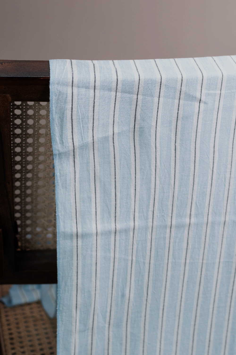 Stripes on Blue Handwoven Cotton Fabric - 0.65m - Image 3