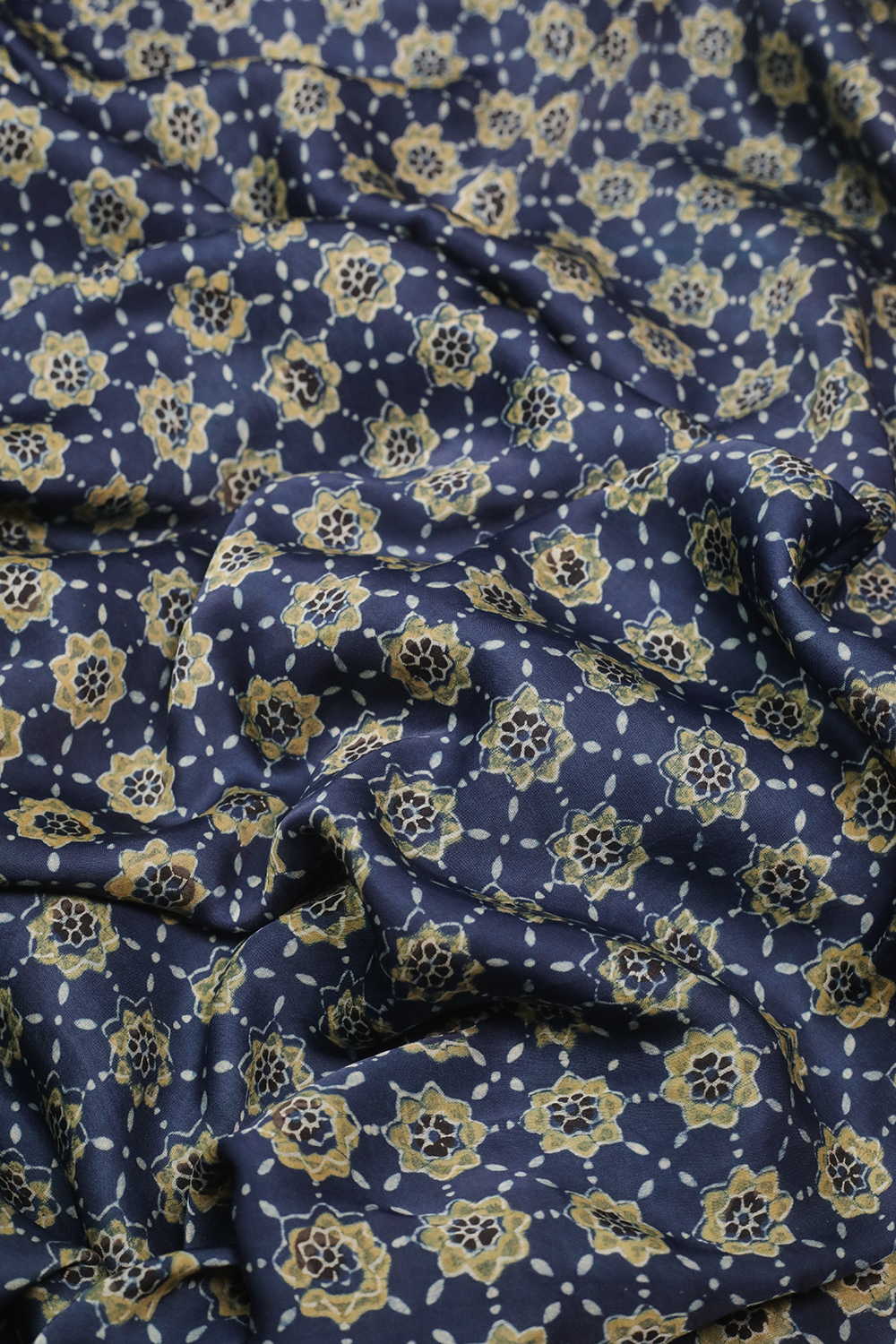 Star Pattern on Indigo Ajrak Modal Silk Fabric - 0.9m - Image 3