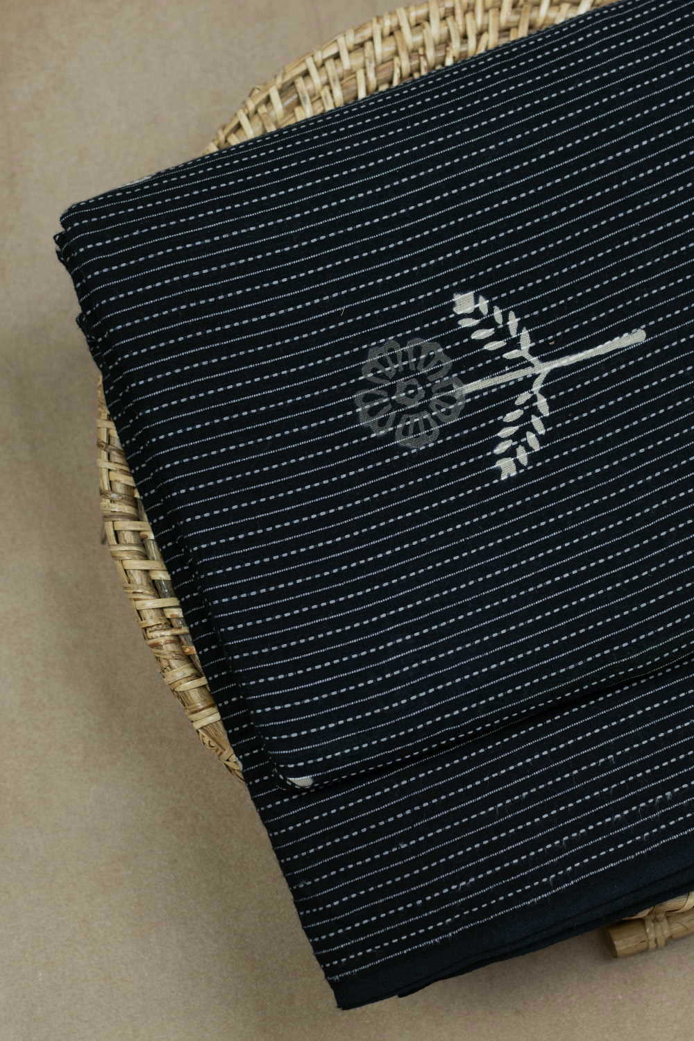 Flower - Black Kantha Stitch Dabu Cotton Fabric - 0.7m