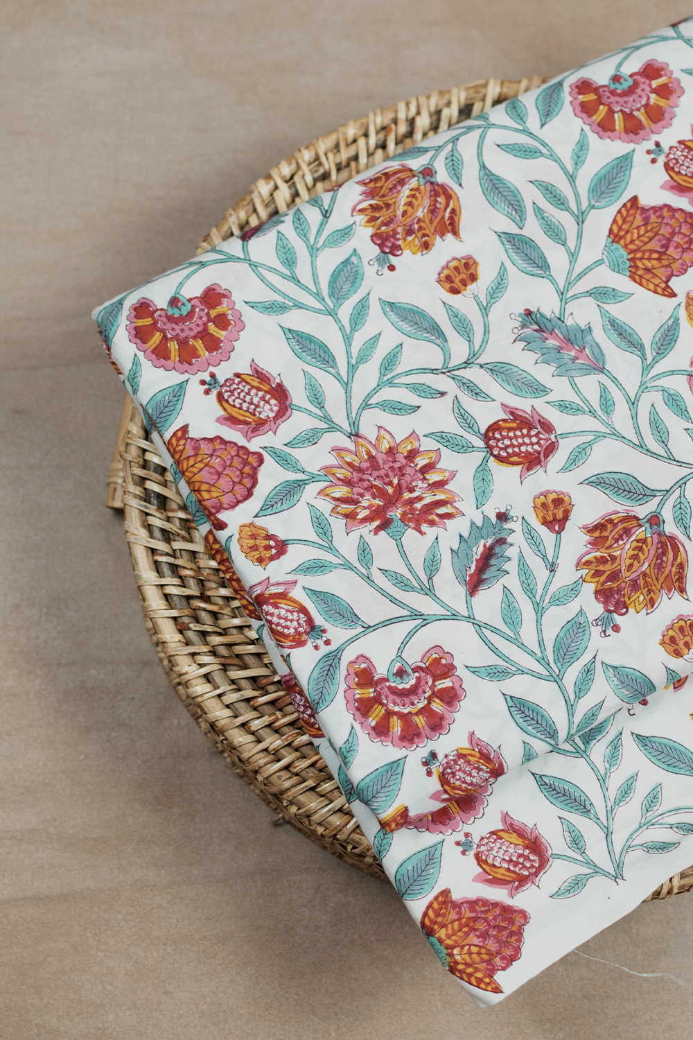 Florals on Cream Sanganeri Cotton Fabric - 0.7m