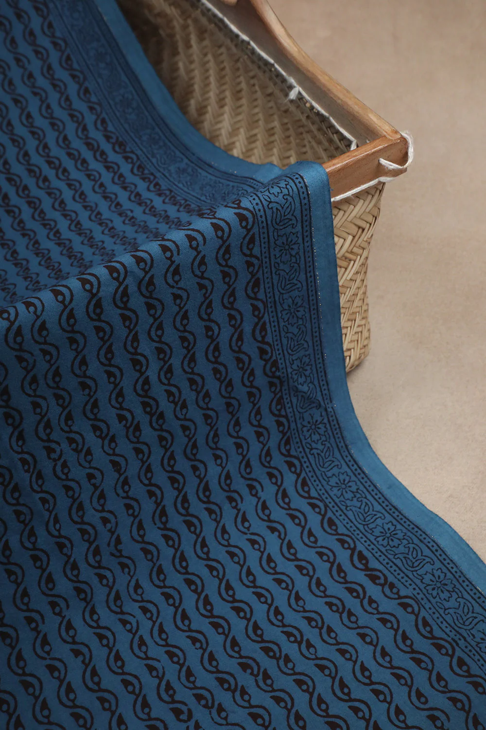Waves Patterns on Blue Bagh Print Cotton Fabric - 1m - Image 2
