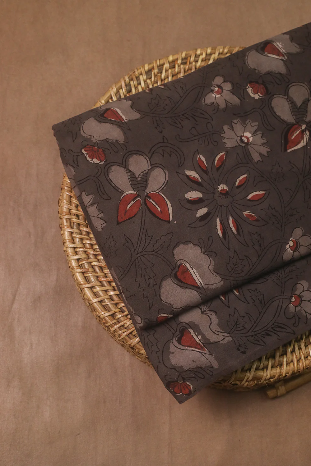 Grey with Florals Dabu Cotton Fabric-0.85 m