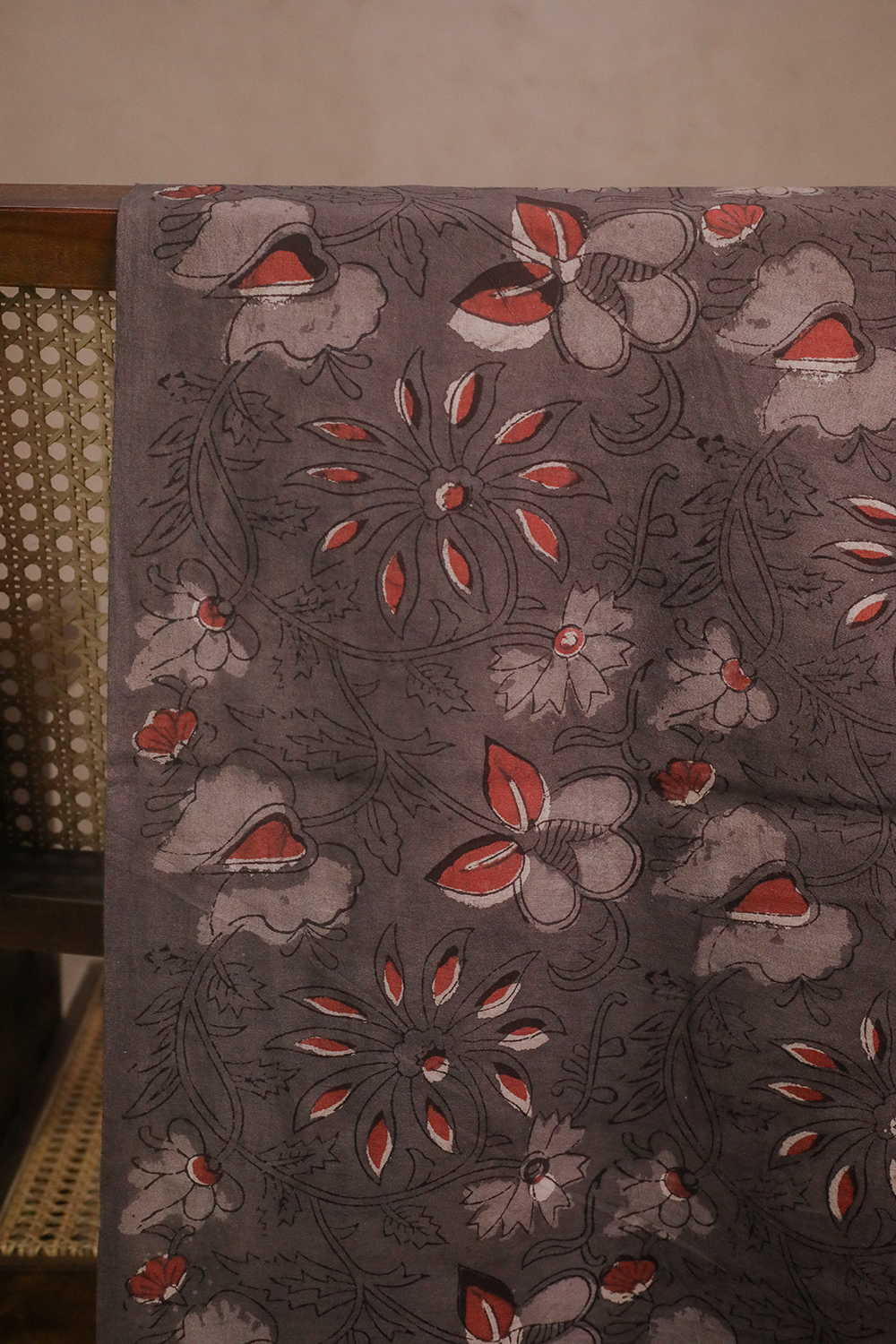 Grey with Florals Dabu Cotton Fabric-0.85 m - Image 2