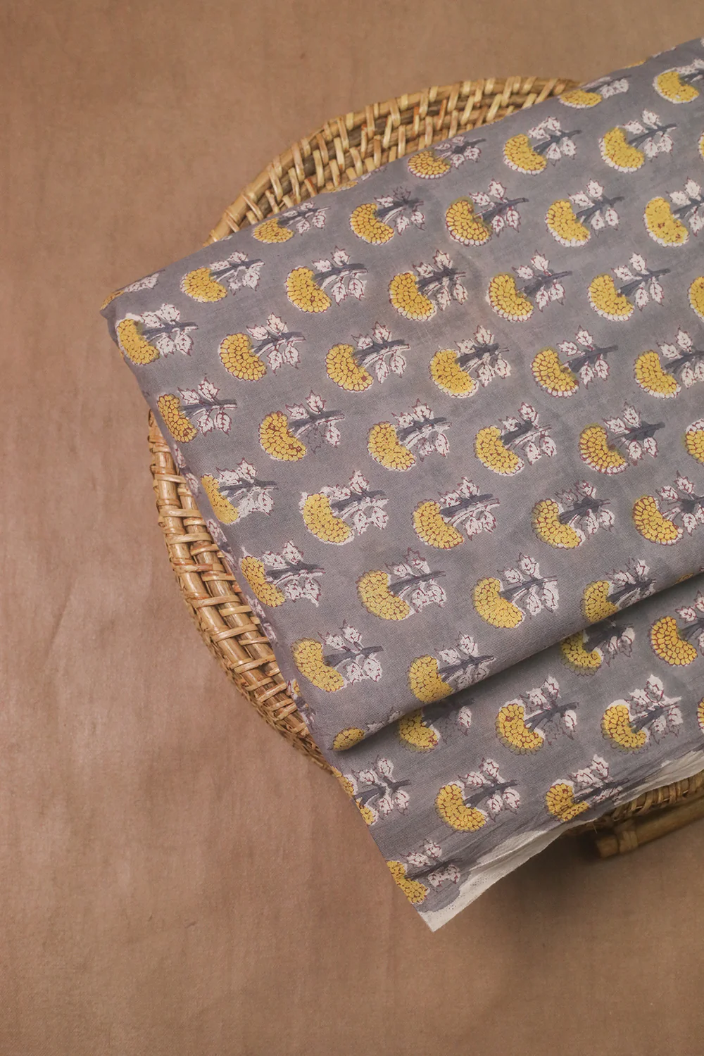 Yellow Florals on Grey Sanganeri Cotton Fabric - 0.9m