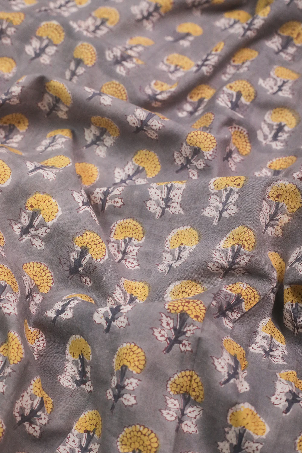 Yellow Florals on Grey Sanganeri Cotton Fabric - 0.9m - Image 2