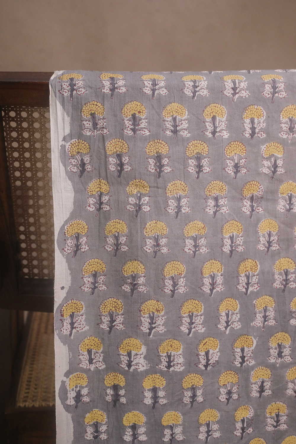 Yellow Florals on Grey Sanganeri Cotton Fabric - 0.9m - Image 3