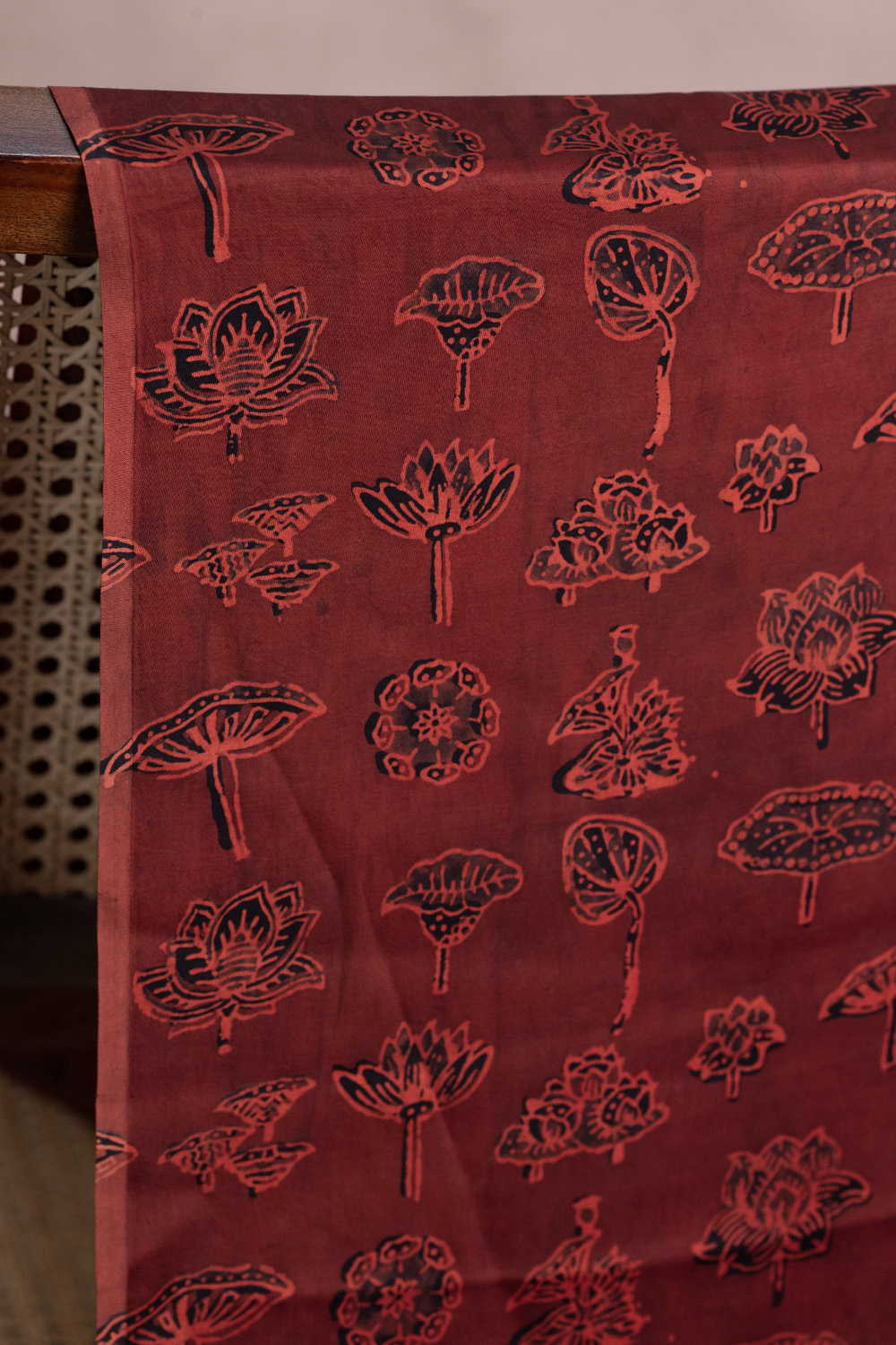 Brown Lotus Block Printed Modal Silk Fabric - 1m - Image 2