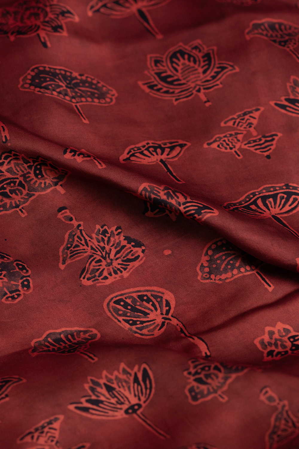Brown Lotus Block Printed Modal Silk Fabric - 1m - Image 3