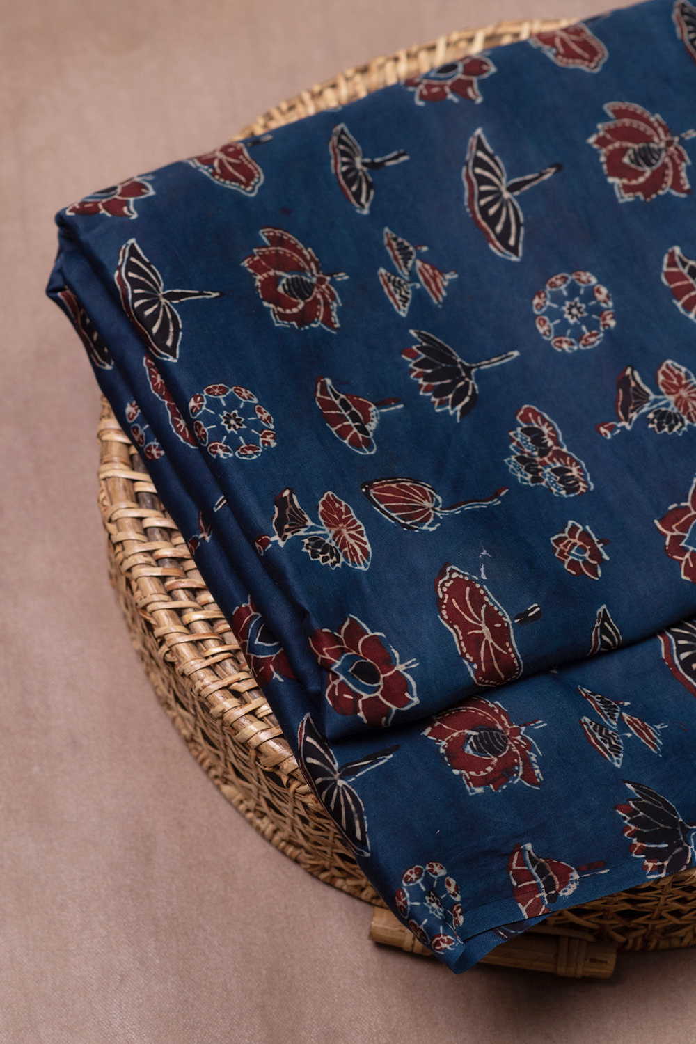 Indigo with Lotus Butta Block Printed Modal Silk Fabric - 0.6m - Image 2