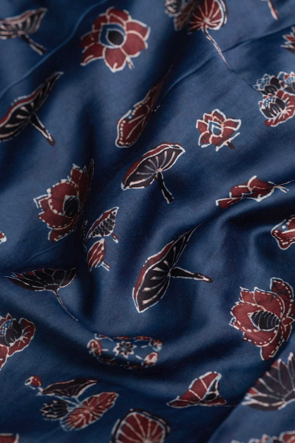 Indigo with Lotus Butta Block Printed Modal Silk Fabric - 0.6m - Image 3