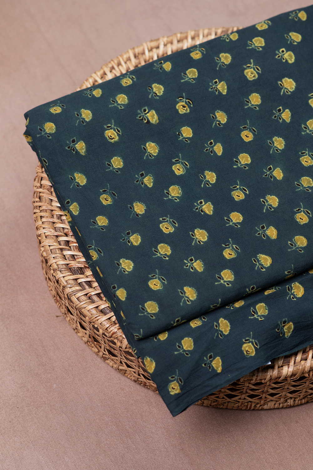 Yellow Florets Green Ajrak Cotton Fabric - 1.5m