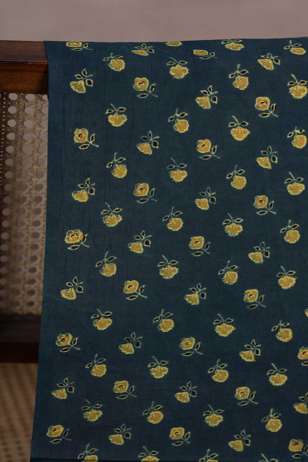 Yellow Florets Green Ajrak Cotton Fabric - 1.5m - Image 2