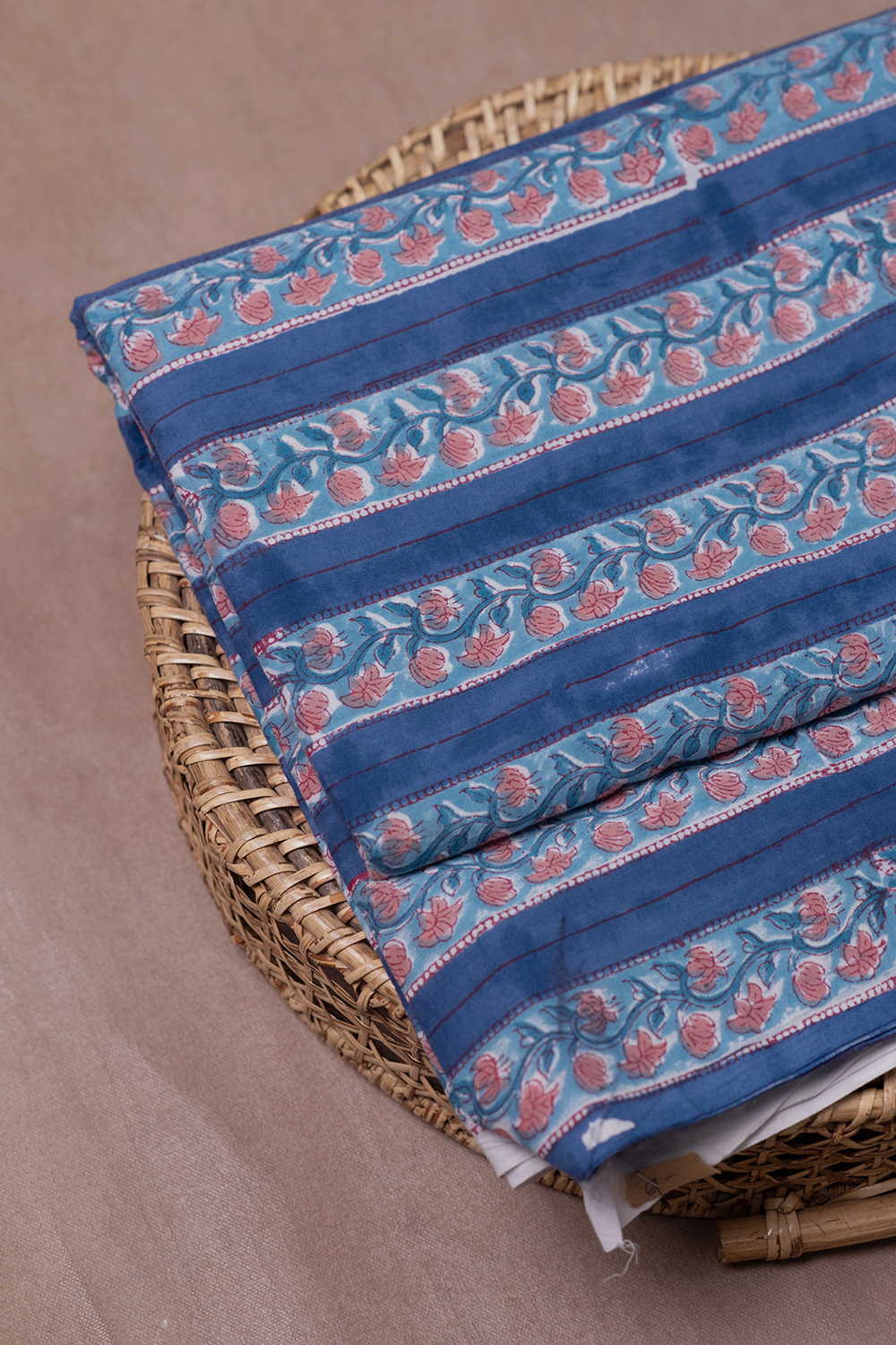 Blue - Continuous Florals Sanganeri Cotton Fabric - 1m