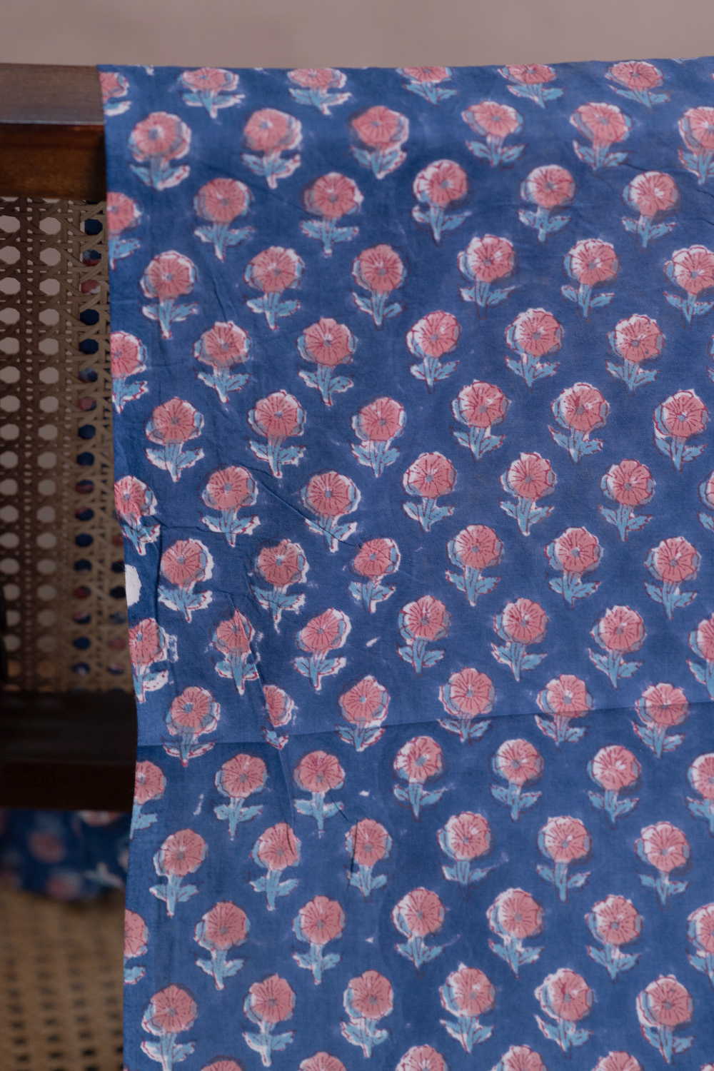 Florets on Blue Sanganeri Cotton Fabric - 1.6m - Image 2