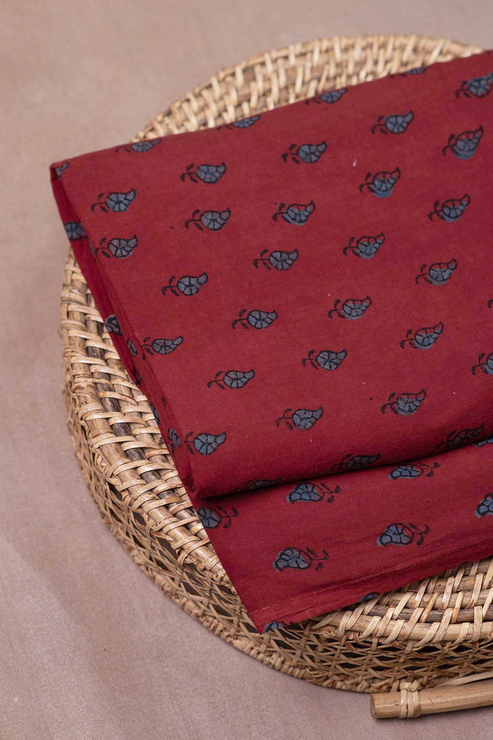 Indigo Buttas on Maroon Ajrak Cotton Fabric - 0.7m