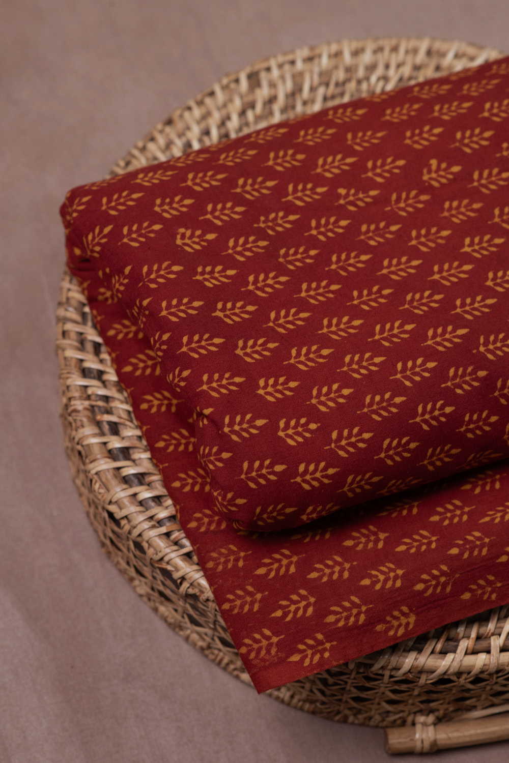 Yellow Florets - Maroon Ajrak Cotton Fabric - 0.55m - Image 2