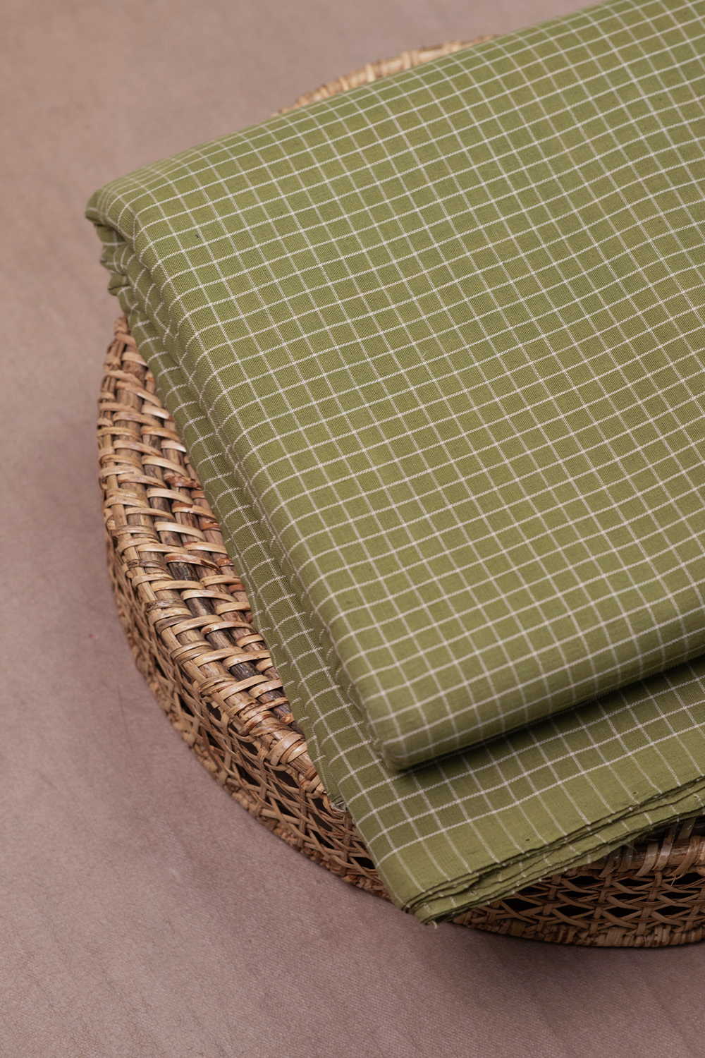 Cream Checks - Green Handspun Cotton Fabric - 0.5m - Image 2
