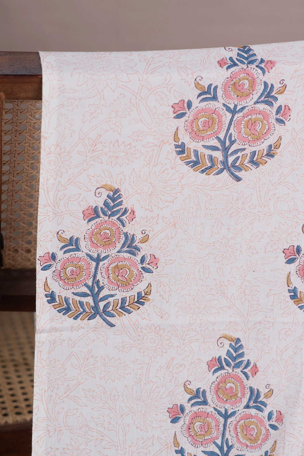 Cream with Floral Sanganeri Cotton Fabric - 1.25m - Image 2