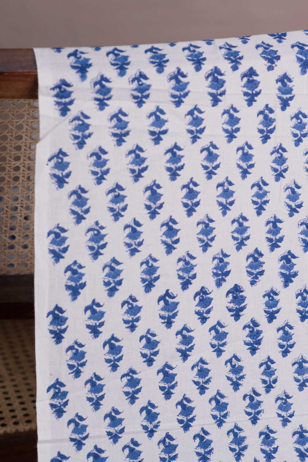 Blue Florets - Cream Sanganeri Cotton Fabric - 1.8m