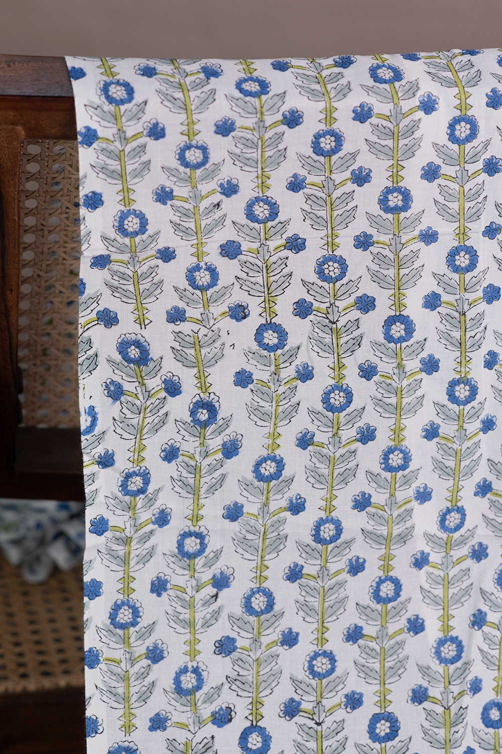 Floral Pattern - Cream Sanganeri Cotton Fabric - 0.6m