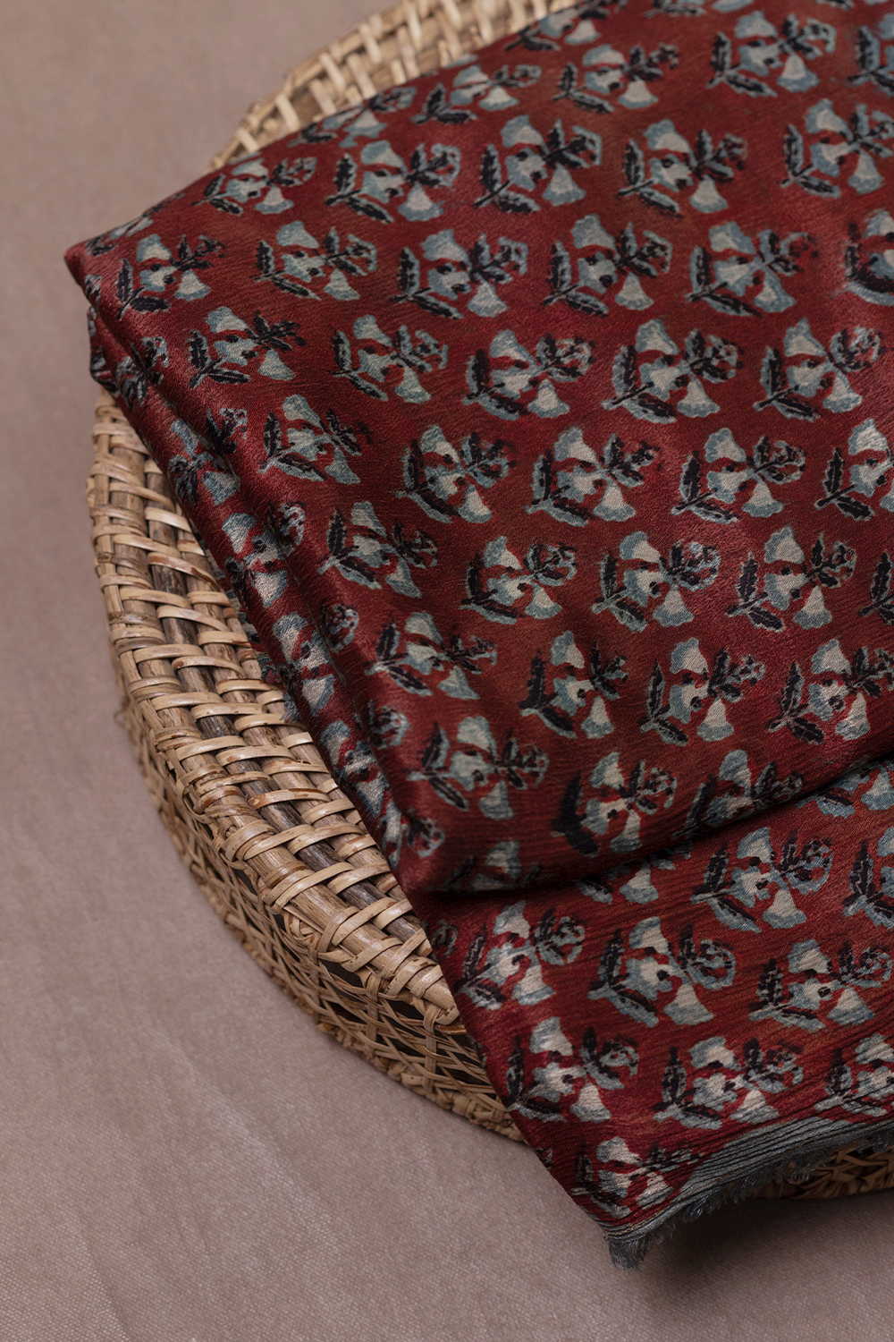 Burnt Maroon Block Printed Modal Silk Fabric-0.5m
