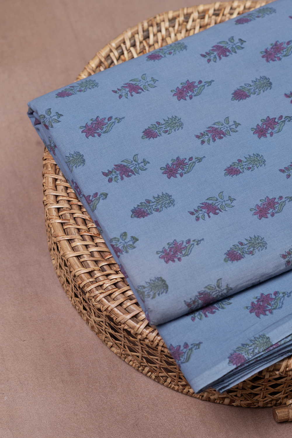 Florets on Blue Sanganeri Cotton Fabric - 1m