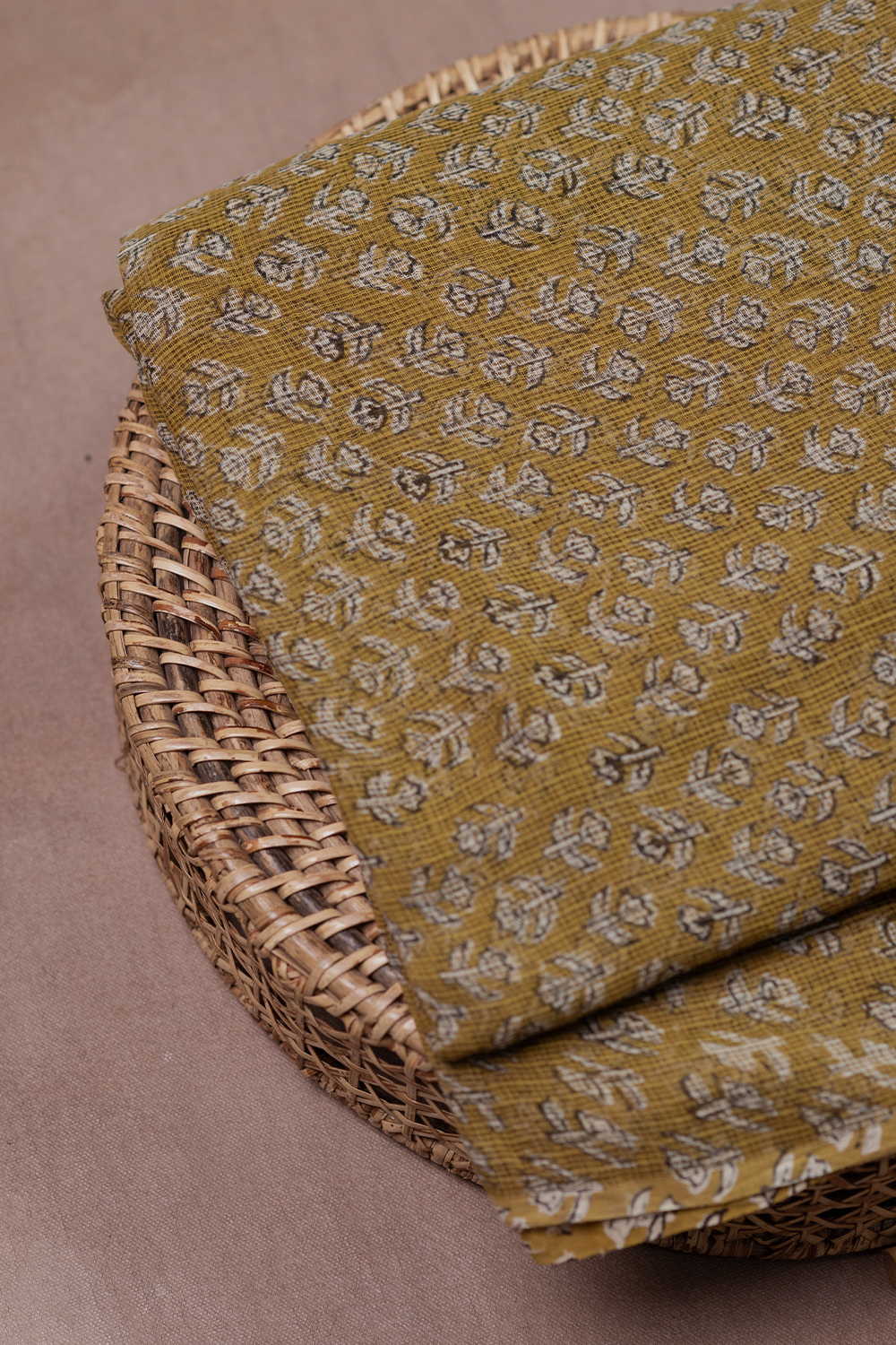 Yellow with Motifs Block Printed Kota Cotton Fabric - 0.75m