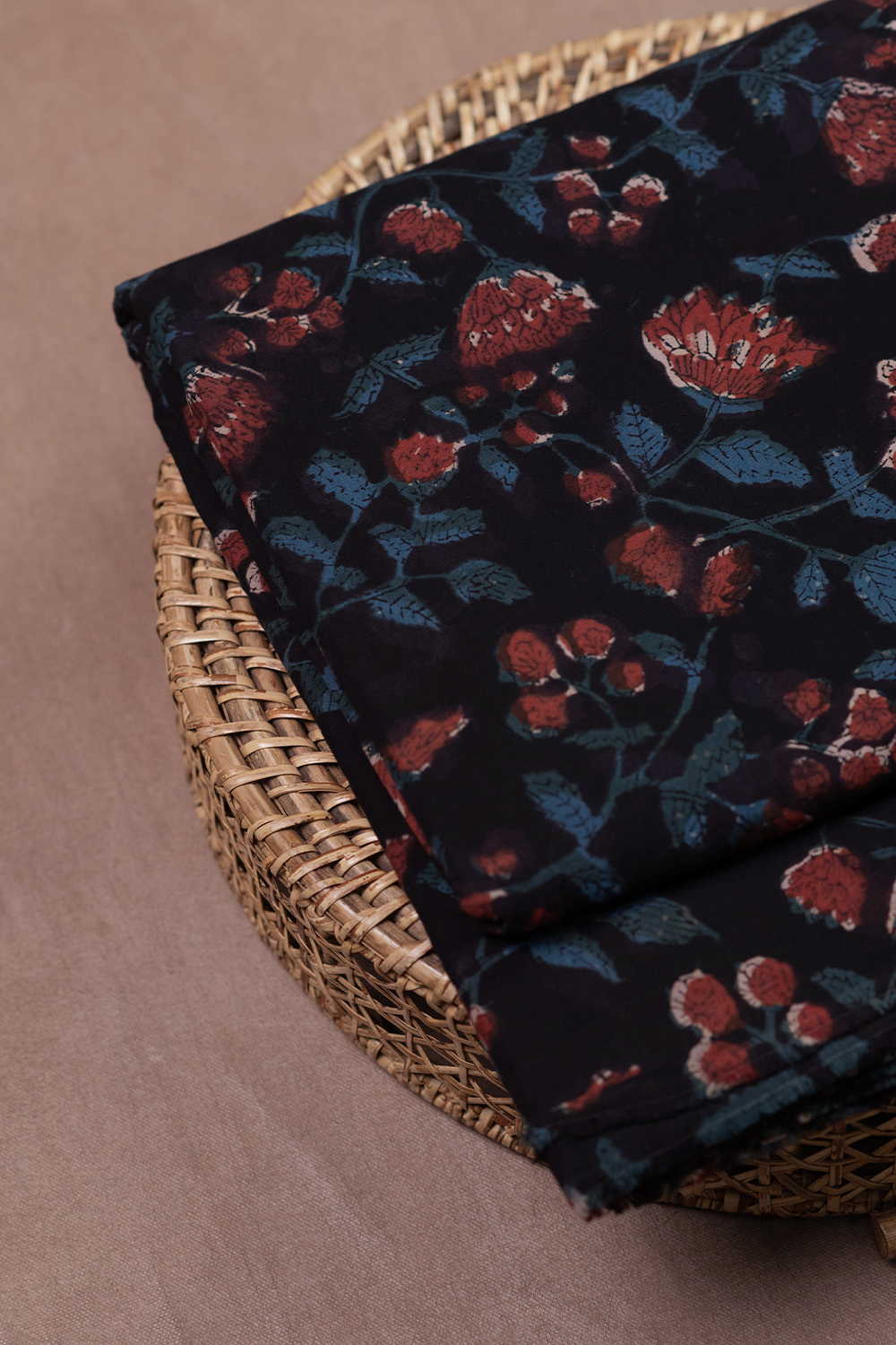 Florals on Black Dabu Cotton Fabric - 1.4m