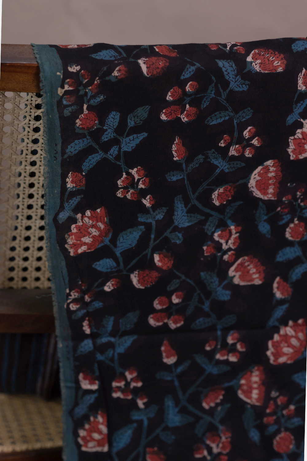 Florals on Black Dabu Cotton Fabric - 1.4m - Image 2