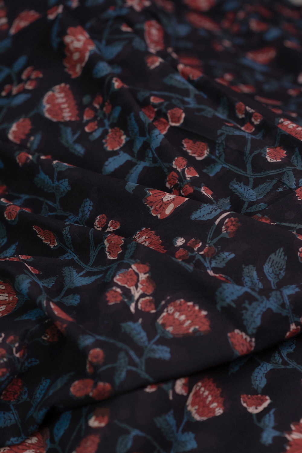 Florals on Black Dabu Cotton Fabric - 1.4m - Image 3