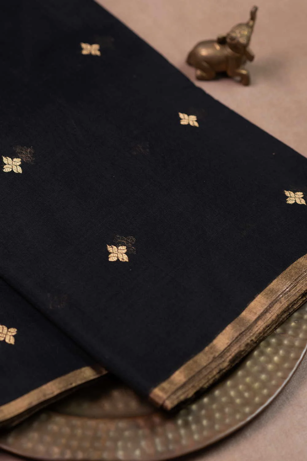 Zari Butti on Black Chanderi Silk Cotton Fabric - 1.6m - Image 2