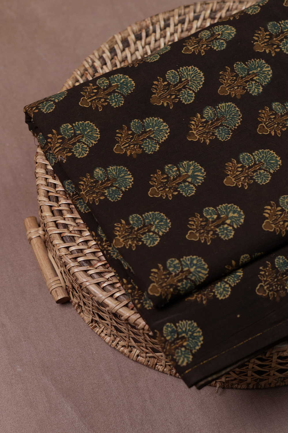 Teal Blossom on Doubleshade Brown Ajrak Cotton Fabric - 1m