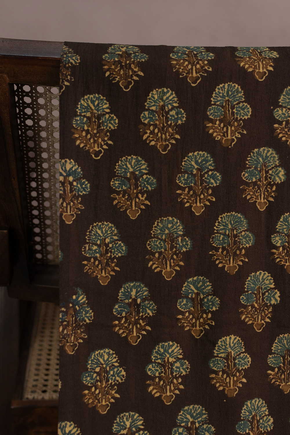 Teal Blossom on Doubleshade Brown Ajrak Cotton Fabric - 1m - Image 2