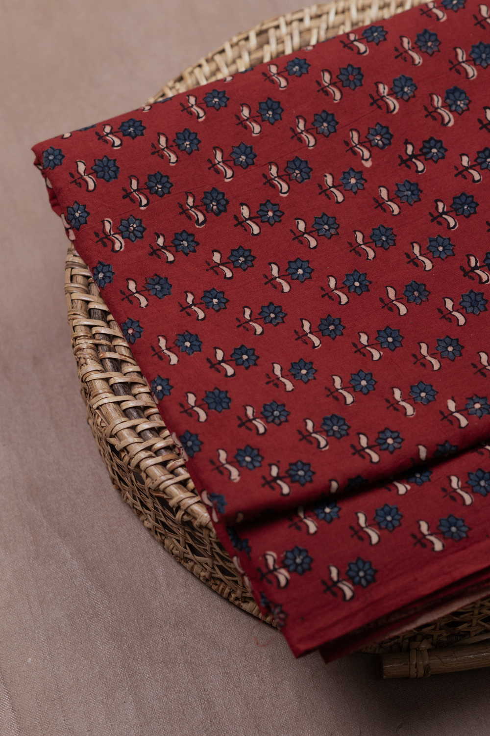 Blue Blooms - Maroon Ajrak Cotton Fabric - 0.65m