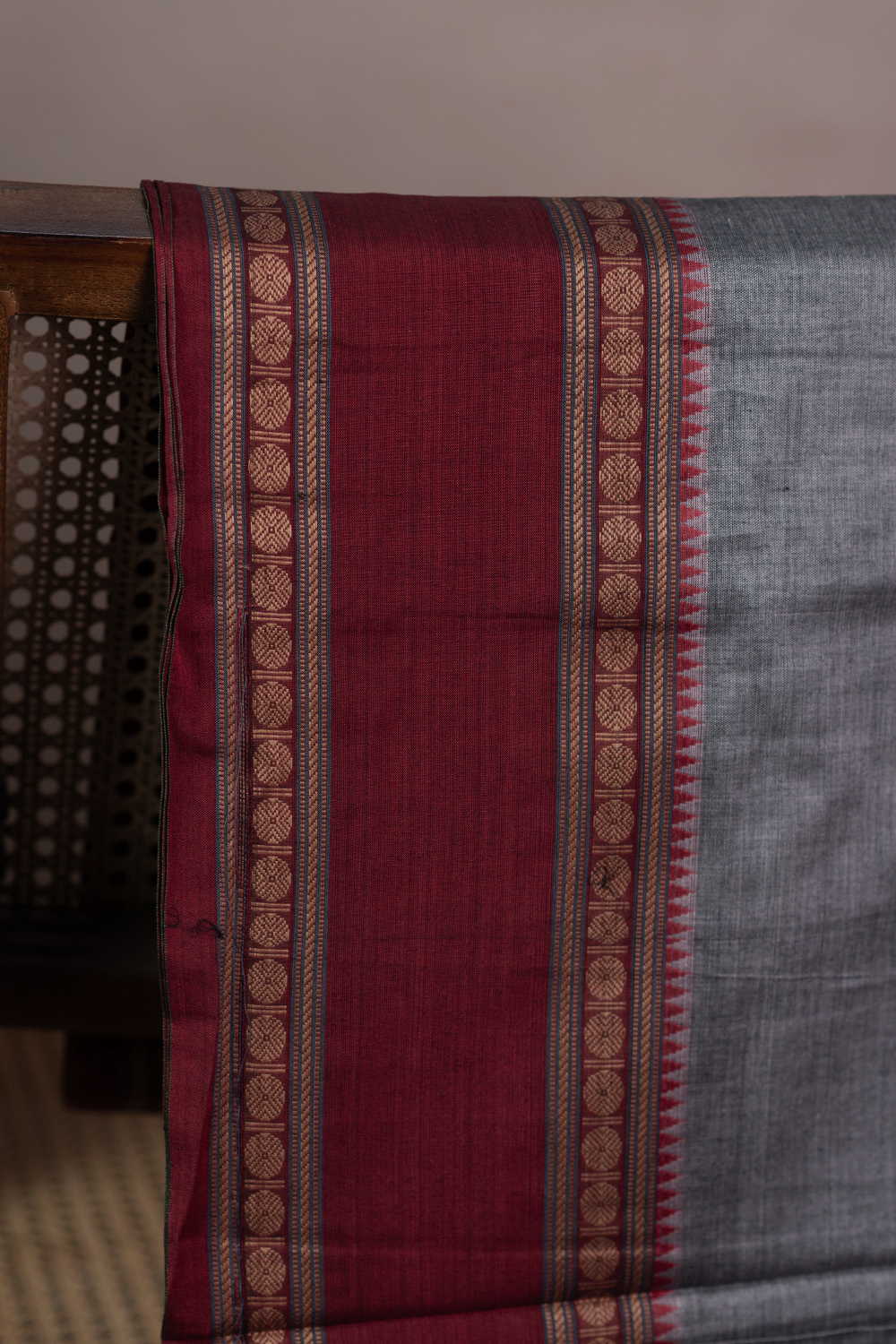 Grey Narayanpet Border Cotton Fabric - 0.7m - Image 2