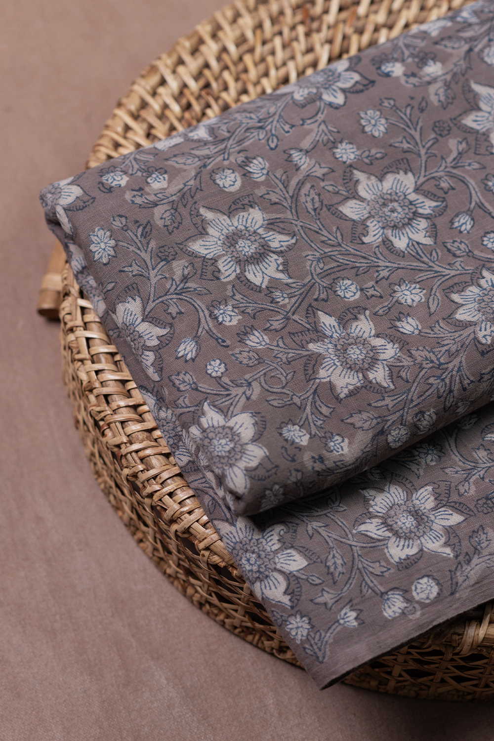 Florals on Grey Dabu Slub Cotton Fabric - 2.4m