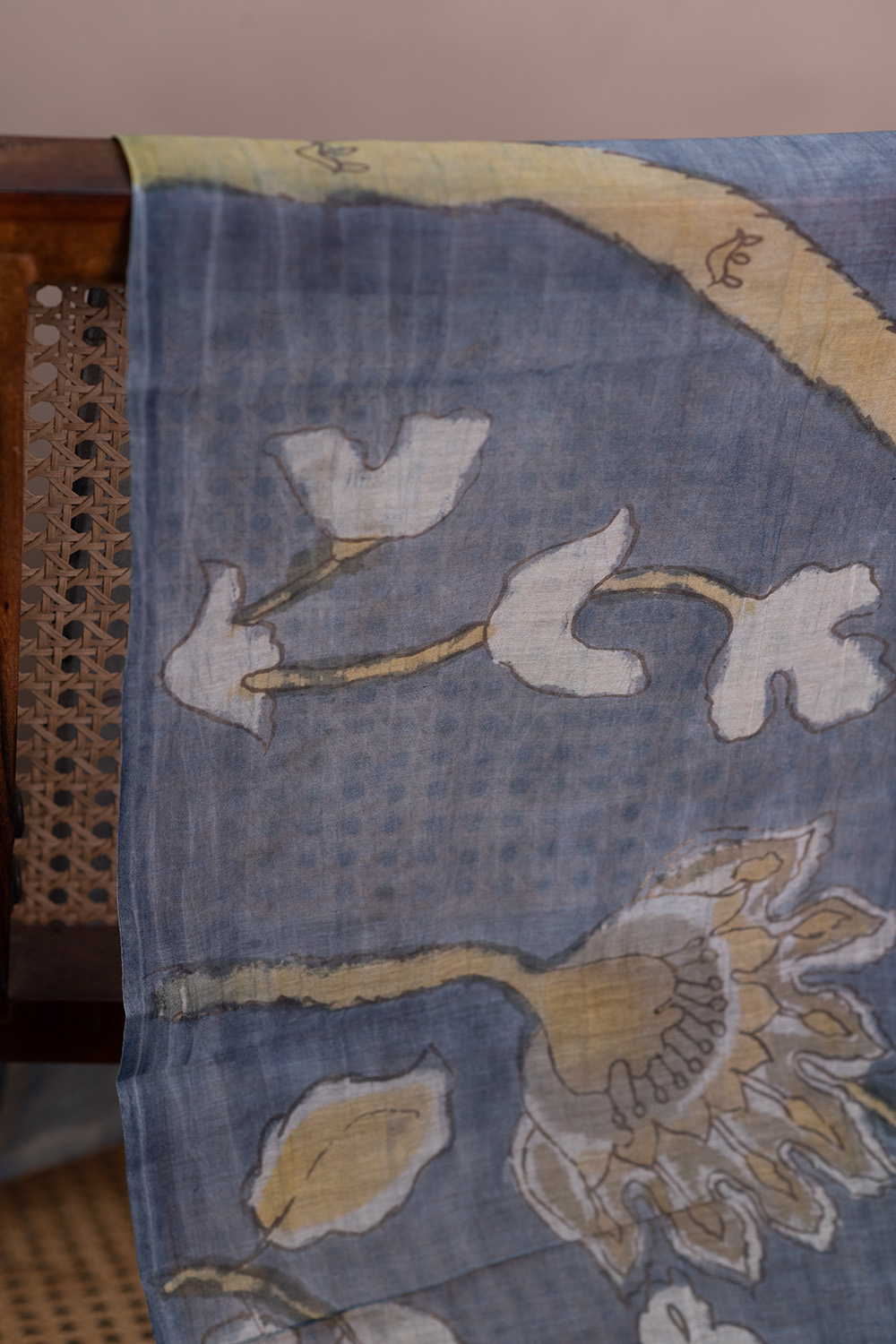 Faded Grey Painted kalamkari Mul Chanderi Silk Cotton Fabric - 0.55m - Image 2
