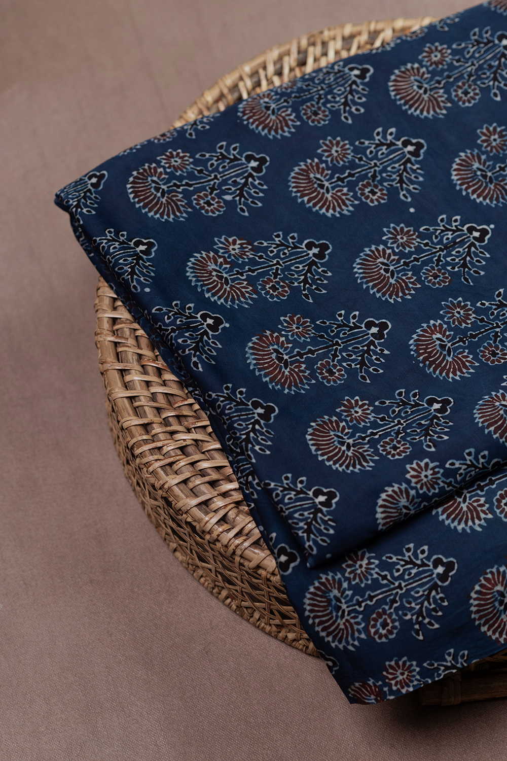 Tri - Floral on Indigo Ajrak Modal Silk Fabric - 0.5m