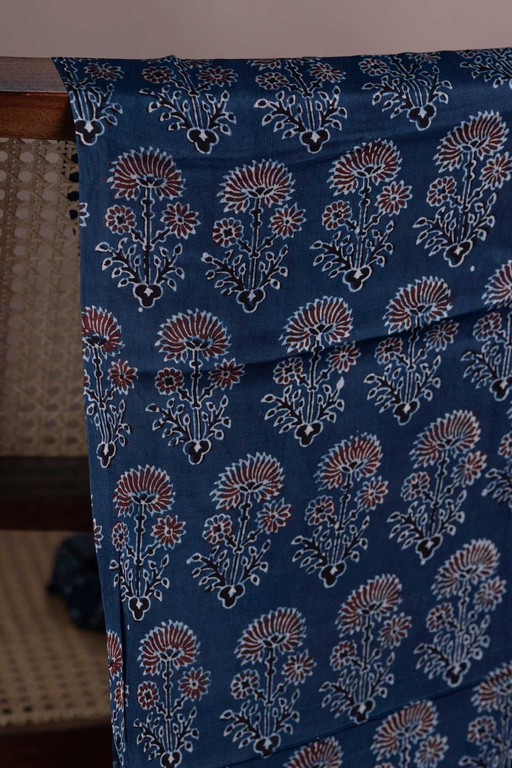 Tri - Floral on Indigo Ajrak Modal Silk Fabric - 0.5m - Image 2