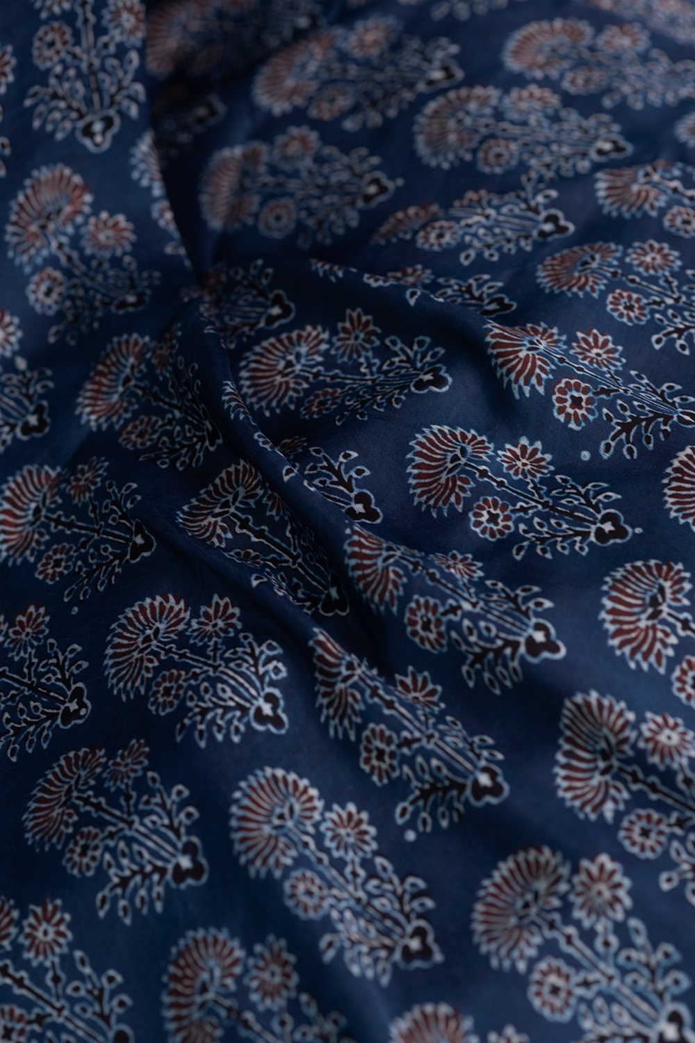 Tri - Floral on Indigo Ajrak Modal Silk Fabric - 0.5m - Image 3