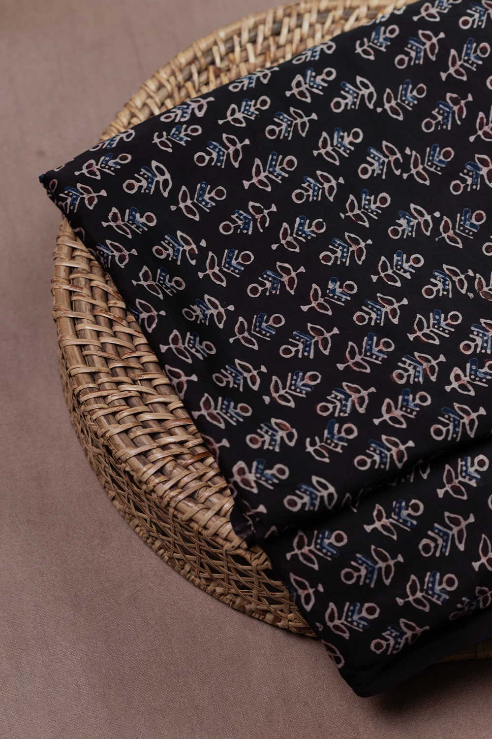 Black with Floral Butta Ajrak Modal Silk Fabric-0.85 m
