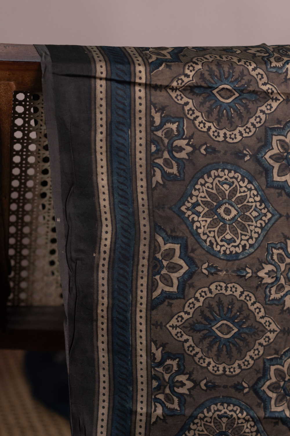 Deep Olive Grey Ajrak Modal Silk Fabric - 0.95m