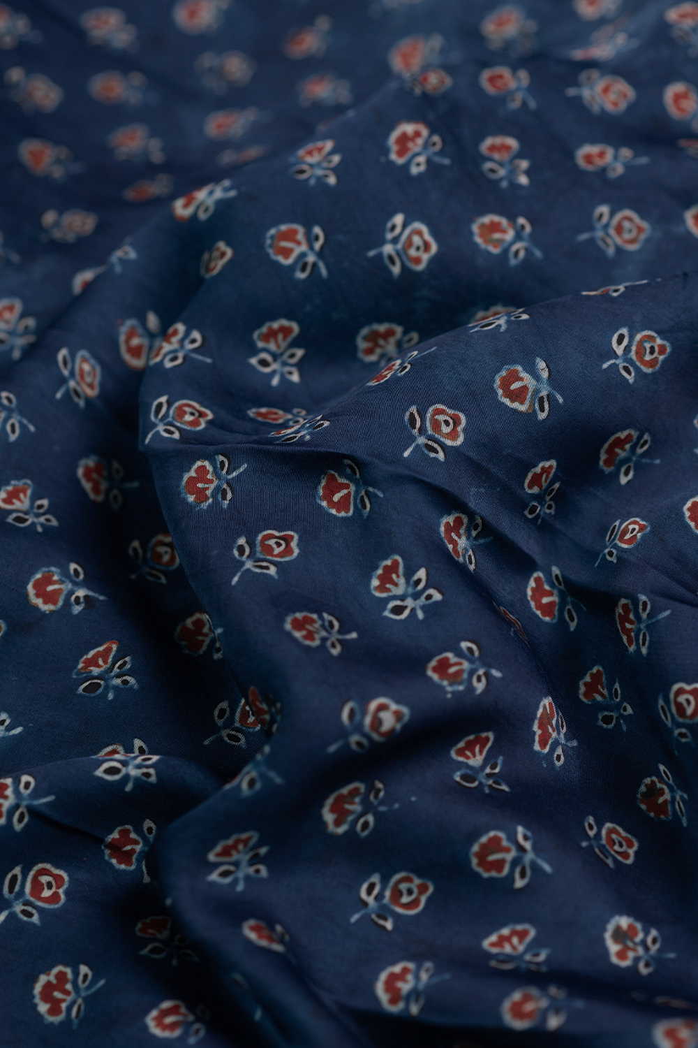 Tiny Floral on Indigo Ajrak Modal Silk Fabric - 0.95m - Image 2
