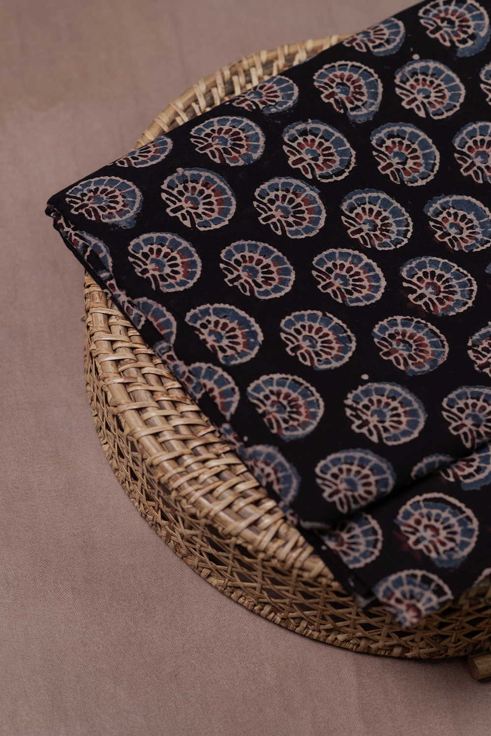 Black with Floral Motifs Ajrak Cotton Fabric - 0.5m