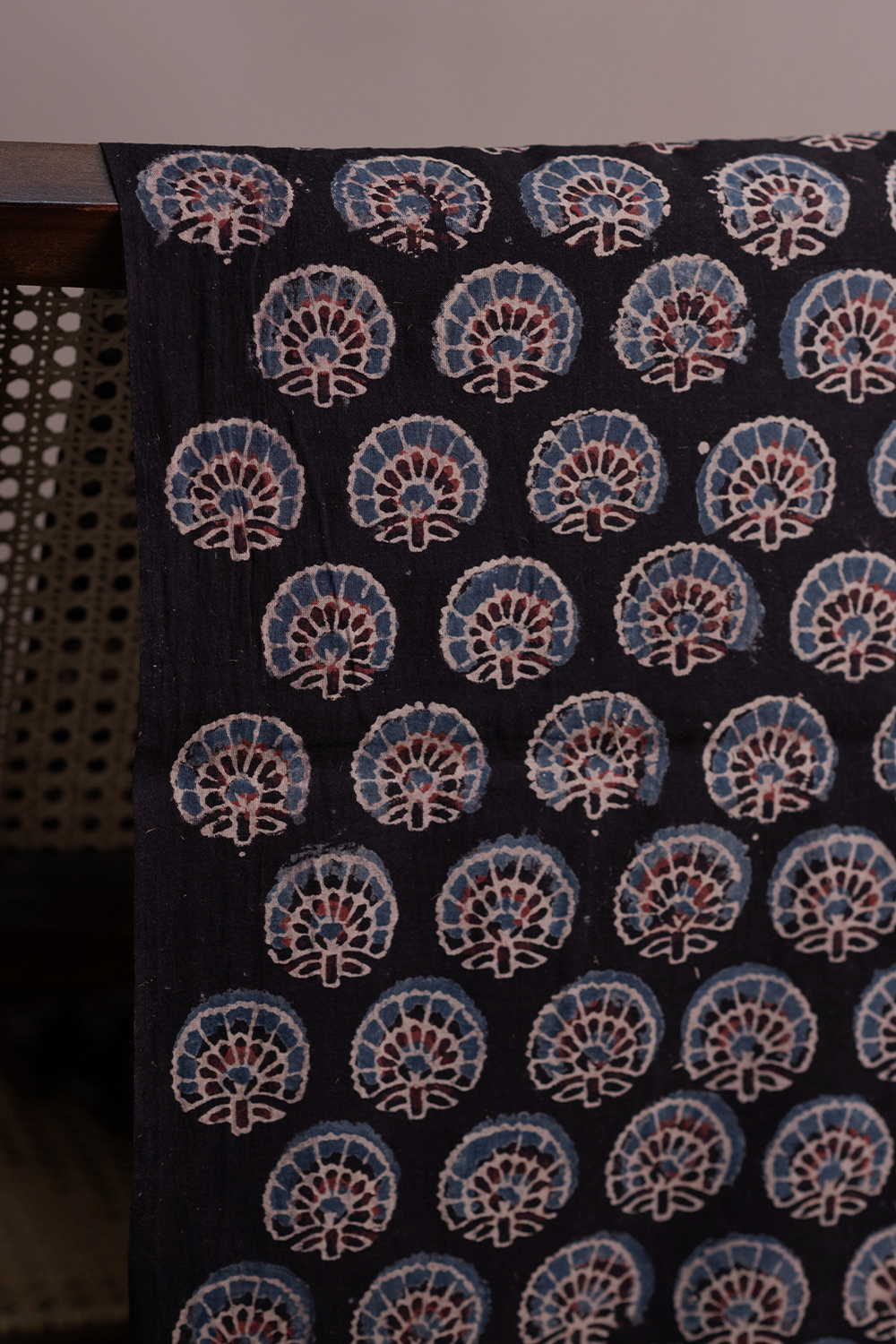 Black with Floral Motifs Ajrak Cotton Fabric - 0.5m - Image 2