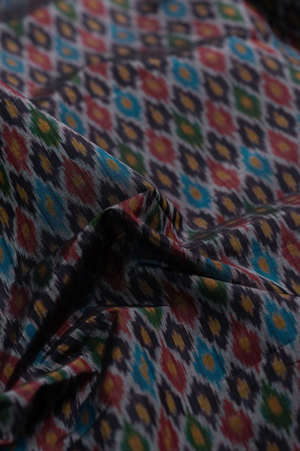 Black with Multi-Color Motifs Ikat Silk Cotton Fabric - 1.8m - Image 2