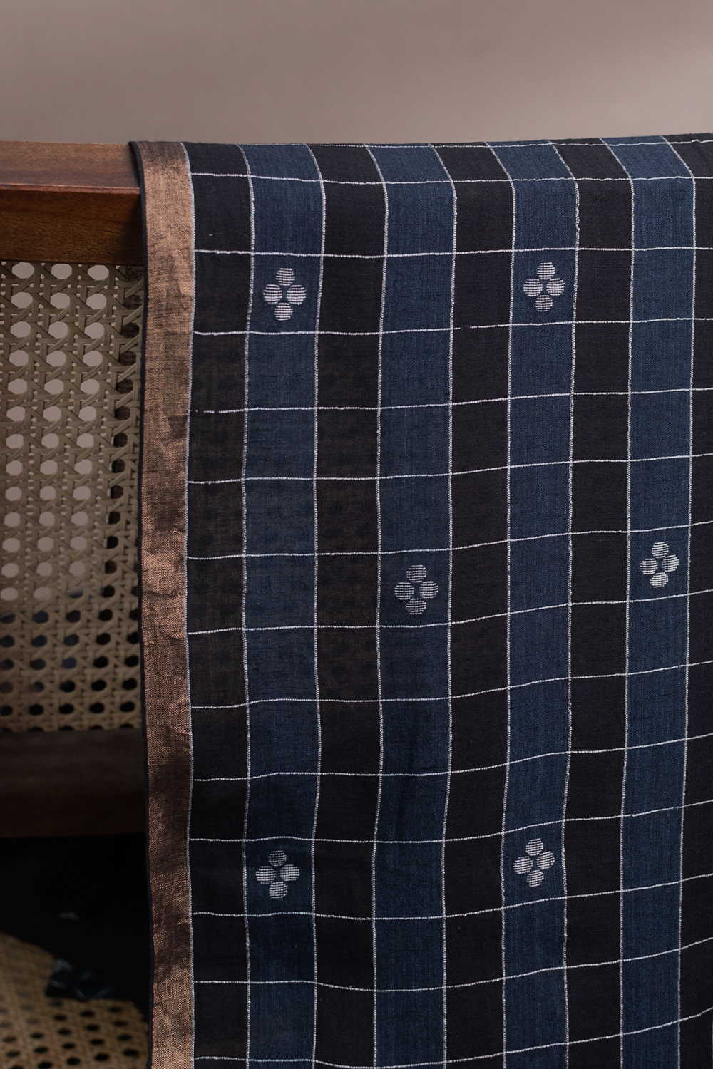 Black with Checks Jamdani Border Cotton Fabric-1 m