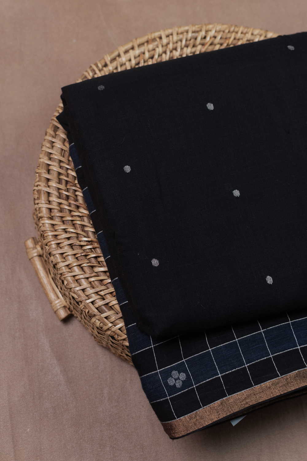 Black with Checks Jamdani Border Cotton Fabric-1 m - Image 2