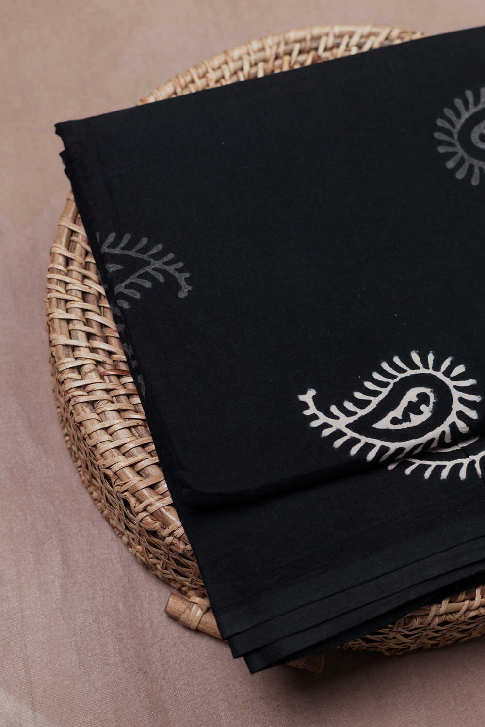 Black with Paisley Motifs Sanganeri Cotton Fabric - 1m